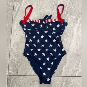 Navy Star One-Piece Swimsuit with Red Straps